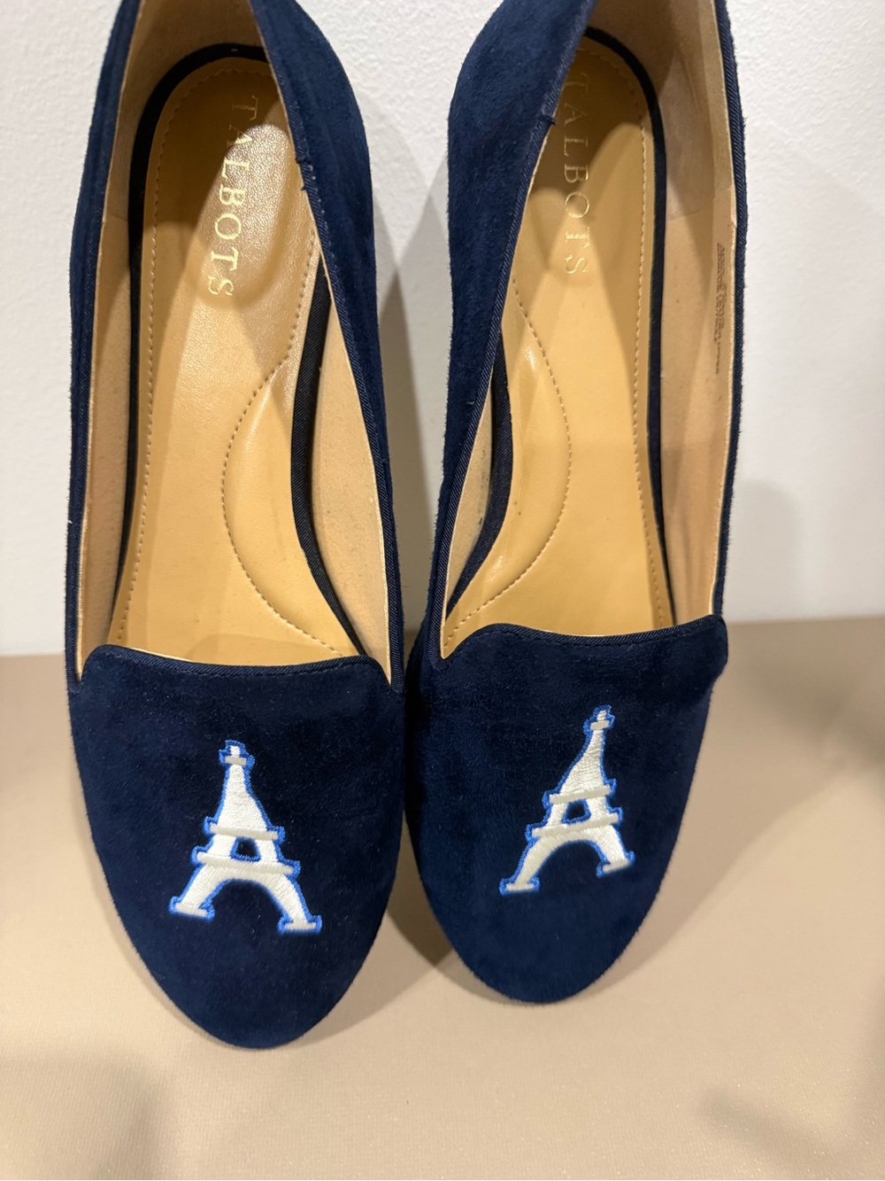 Talbots Navy Suede Loafers with White Eiffel Embroidery - worn once